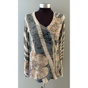 Before + Again Tunic Top Size L Gray Tan Floral Burnout Fitted Bohemian